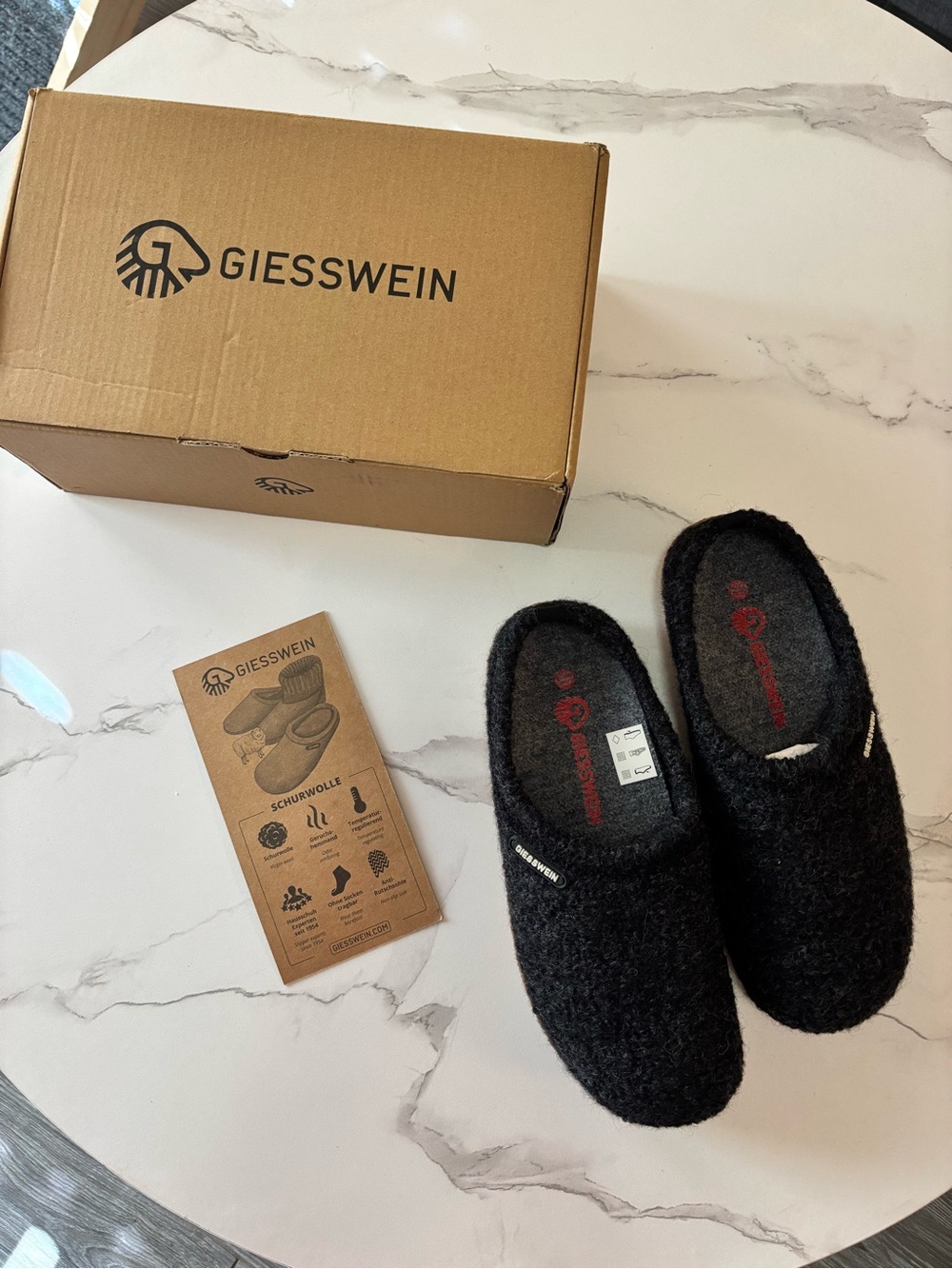 Giesswein Black Wool Felt Slip-On House Slippers with Red Insole Detail